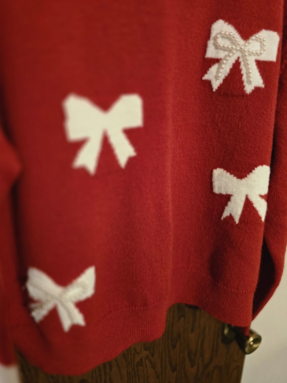 Francesca's Collections Red Crewneck Sweater with White Bow Accents - Picture 4 of 6